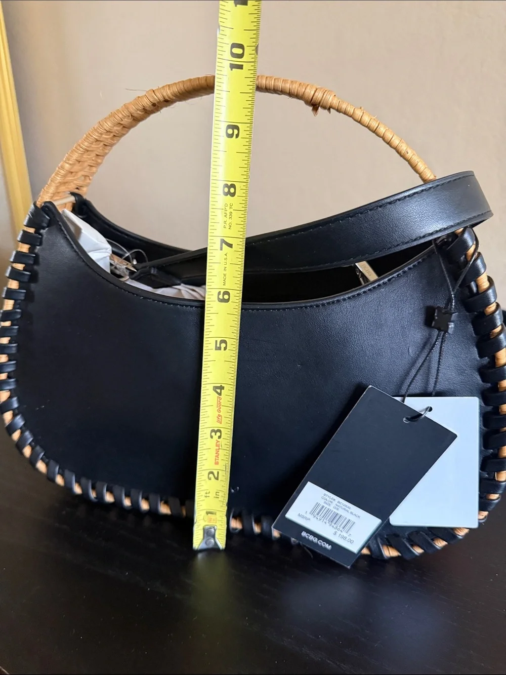 BCBG Black Wicker Whipstitch Handbag Faux Leather Rattan Crossbody Bag NWT